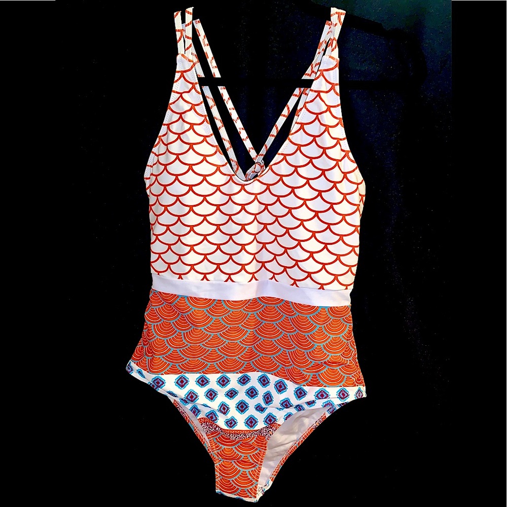 Blue and Orange Print One Piece Swimsuit